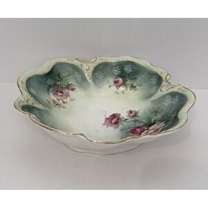 RS Prussia Porcelain Bowl Flowers Pink Roses Gold Trim 10.5" Diameter Vintage